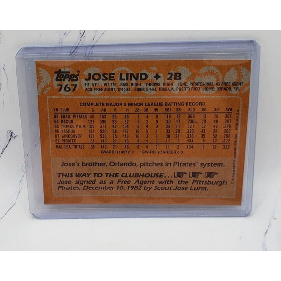 Jose Lind 1988 Topps Future Stars #767 Pittsburgh Pirates Baseball Card - Picture 2 of 4